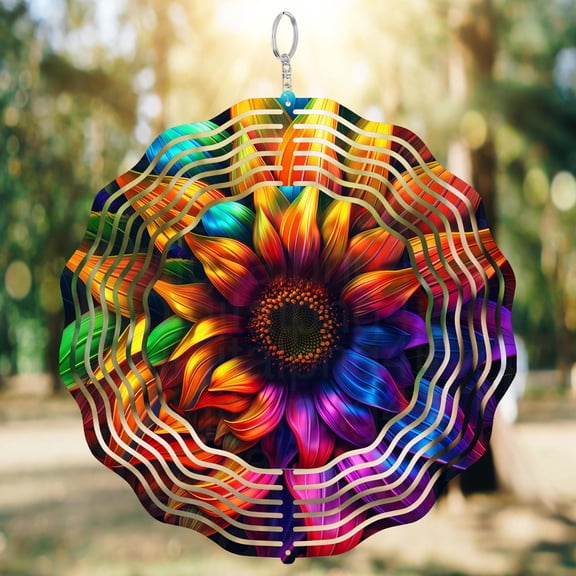 Colorful Sunflower Black Background 3D Wind Spinner Sublimation Floral Home Decor