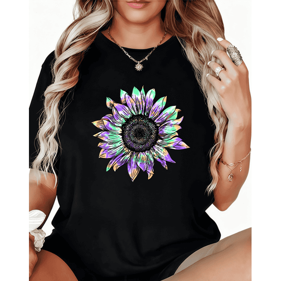 Colorful Sunflower Print Tshirt Graphic Tees Holographic Floral Art Shirts Black S-5XL Tops