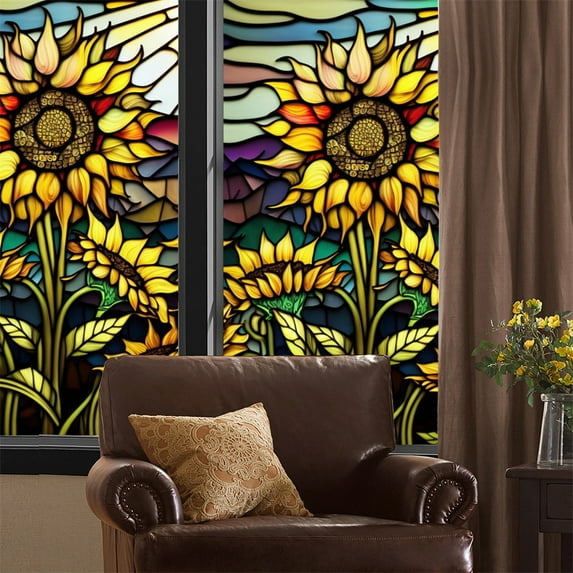 Colorful Sunflower Stained Glass Window Film Removable Uv Blocking Heat Insulation Privacy Window Film Decorative Static Cling