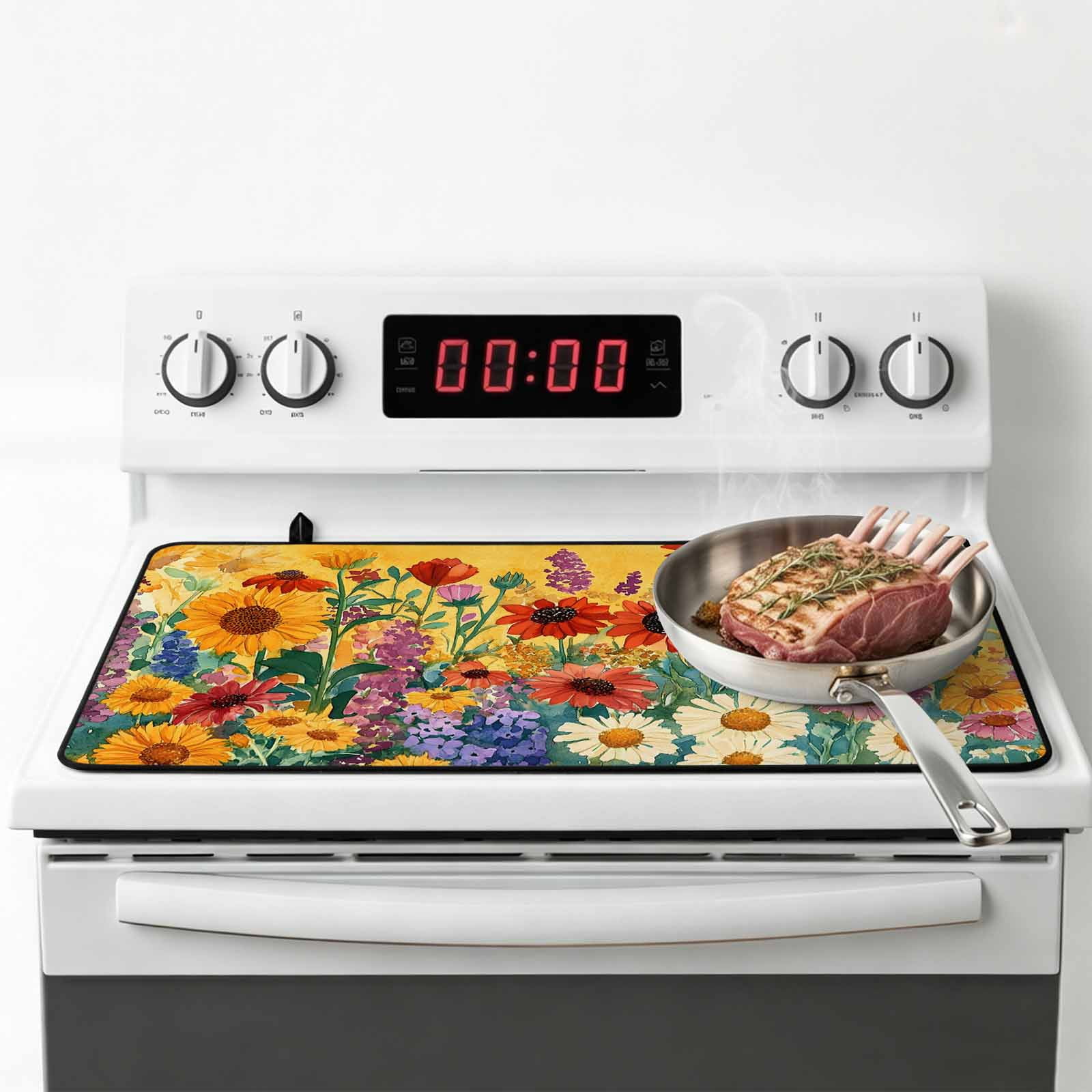 Colorful Sunflower Stove Top Cover for Electric Stove, Heat-proof & Non Slip Glass Top Stove Cover Protector, Farmhouse Botanical Floral Kitchen Flat Cooktop Rubber Mat 24x21 Inches