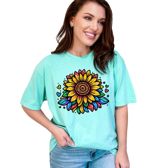 Colorful Sunflower T-Shirt, Rainbow Flower-Petal Graphic Tee, Cute Floral Design Top, Fun Casual Wear, Gift for Nature Lovers, Summer Outfit, Chalky Mint Comfort Colors T-Shirt, Small