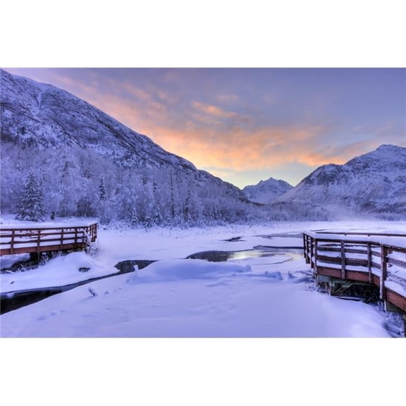 Colorful Sunrise Over A Stream & The Salmon Viewing Deck at The Eagle River Nature Center in Chugach State Park South Poster Print - 19 x 12 in.
