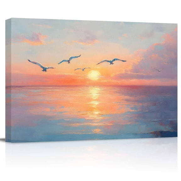 Colorful Sunset Canvas Print Wall Art Ocean Seagull Oil Painting Cloudy Sky Pictures Painting Morden Artwork for Living Room Bedroom, Ready to Hang - 12"x16"