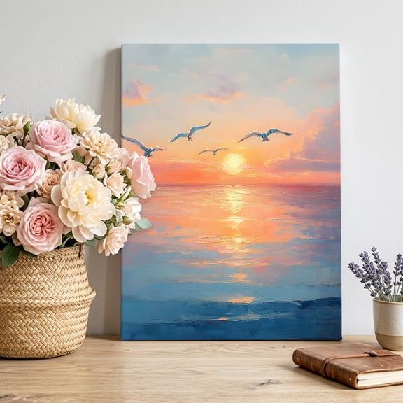 Colorful Sunset Canvas Wall Art for Living Room, Ocean Seagull Oil Painting Cloudy Sky Poster Print Painting for Bedroom Office Home Decoration Wall Pictures Prepare To Hang 22"x28"