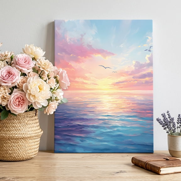 Colorful Sunset Canvas Wall Art, Ocean Seagull Cloudy Sky Nature Framed Canvas Wall Decor Picture Print Artwork Decorations for Living Room Office Ready to Hang 16" x 12"