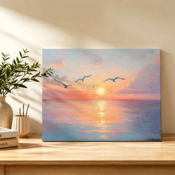 Colorful Sunset Canvas Wall Art, Ocean Seagull Oil Painting Sky Wall Art Prints Artwork Framed Canvas Ready to Hang Art Pictures for Bathroom Bedroom Entry Desk Corner 10" x 8"