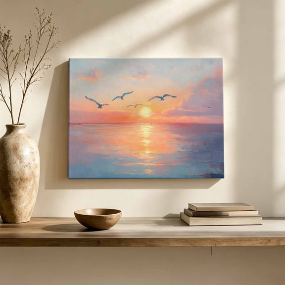 Colorful Sunset Canvas Wall Art, Ocean Seagull Oil Painting Sky Wall Art Prints Artwork Framed Canvas Ready to Hang Art Pictures for Large Dining Living Room Hallway 36" x 24"