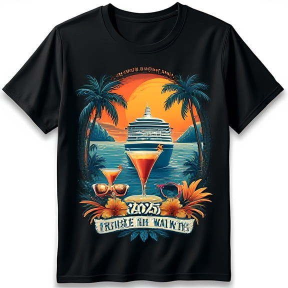 Colorful Sunset Cruise Ship T-Shirt 2025 Trouble On Design with Tropical Drinks & Trees