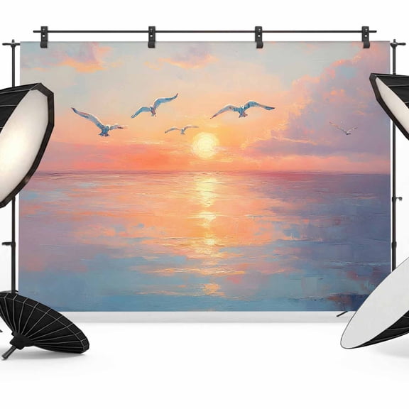 Colorful Sunset Photography Backdrop 7x5FT, Ocean Seagull Oil Painting Cloudy Sky Photo Backdrops, Background for Photography Studio Photo Studio Background, Back Drop for Photoshoot