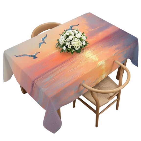 Colorful Sunset Rectangle Tablecloth Ocean Seagull Oil Painting Cloudy Sky Waterproof Wrinkle Free Soft Table Cloth Spill-Proof Washable Table Cover for Dining Party Picnic 54 x 108 Inch