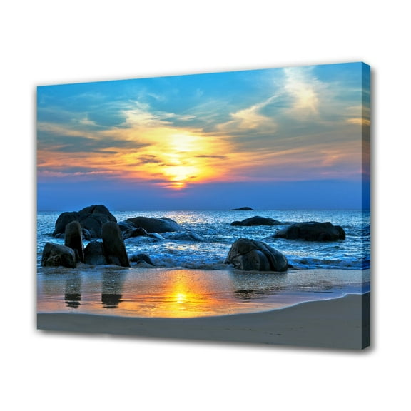 Colorful Sunset Scenery in A Sandy Beach with Shore Rocks And Waves Canvas Poster Bedroom Decor Sports Landscape Office Room Decor Gift,Frame-style,12x18inch(30x45cm)
