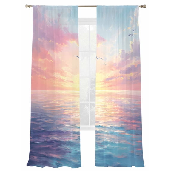 Colorful Sunset Sheer Curtains 108 Inch Long 2 Panels, Ocean Seagull Cloudy Sky Nature Light Filtering Rod Pocket Curtains, Sheer Voile Drapes for Living Room Bedroom, 52"x108"