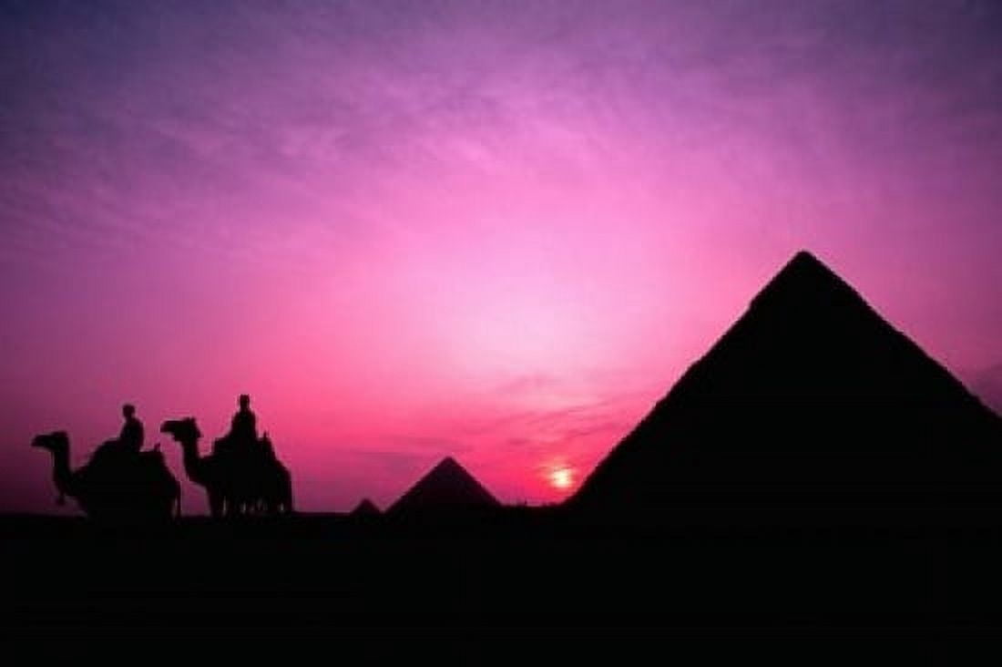Colorful Sunset Silhouetting Men and Camels at the Great Pyramids of Giza Egypt Canvas Art - Bill Bachmann DanitaDelimont (18 x 12)