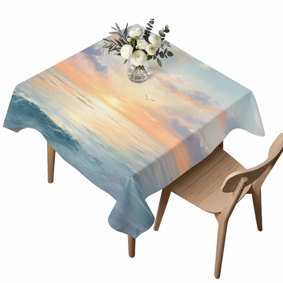 Colorful Sunset Square Tablecloth Ocean Seagull Blue Cloudy Sky Nature Waterproof Wrinkle Free Soft Table Cloth Spill-Proof Washable Table Cover for Dining Party Picnic 60 x 60 Inch