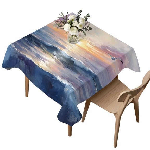 Colorful Sunset Square Tablecloth Ocean Seagull Cloudy Sky Oil Painting Waterproof Wrinkle Free Soft Table Cloth Spill-Proof Washable Table Cover for Dining Party Picnic 54 x 54 Inch