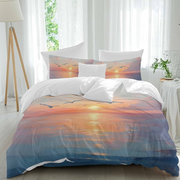 Colorful Sunset Twin Size Comforter Set, Ocean Seagull Oil Painting Cloudy Sky Bedding for All Seasons, 4 Pcs Bed Set, 1 Quiltcover (68"x86") ,1Sheet(67"x116"), 2Pillowcases (30"x20")