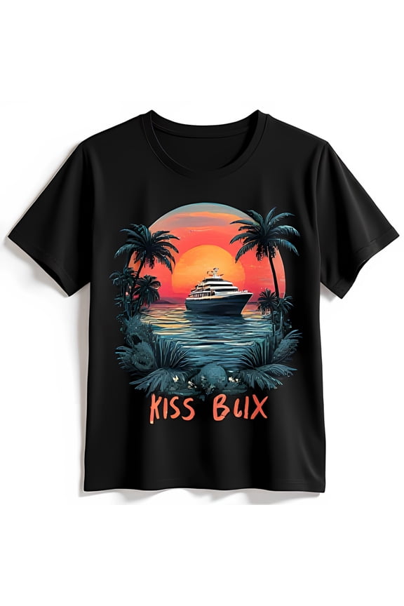 Colorful Sunset Yacht Scene Black T-Shirt with Trees Retro Style Kiss Blix