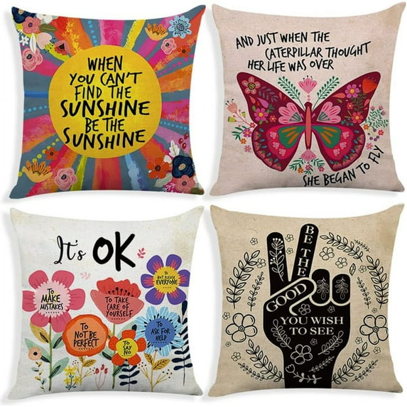 Colorful Sunshine It''s OK Inspirational Quotes Throw Pillow Cover,Cushion Case for Girls Women Sofa Couch Bed Bedroom Decor, Inspirational Gifts for Girls Women Friends 18" x 18" Set of 4