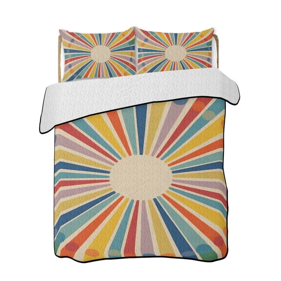 Colorful Sunshine Quilts Bedding Set Full Size Vintage Boho Rainbow Sunrise Sunset Lightweight Quilted Bedspread 3 Piece Bed Quilt with 2 Pillow Shams All Season for Bedroom 68" x 98"