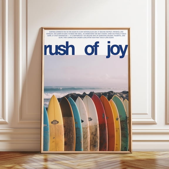 Colorful Surfboard Rush Of Joy Coastal Wall Art Print, Unframed Paper Poster 24x36in