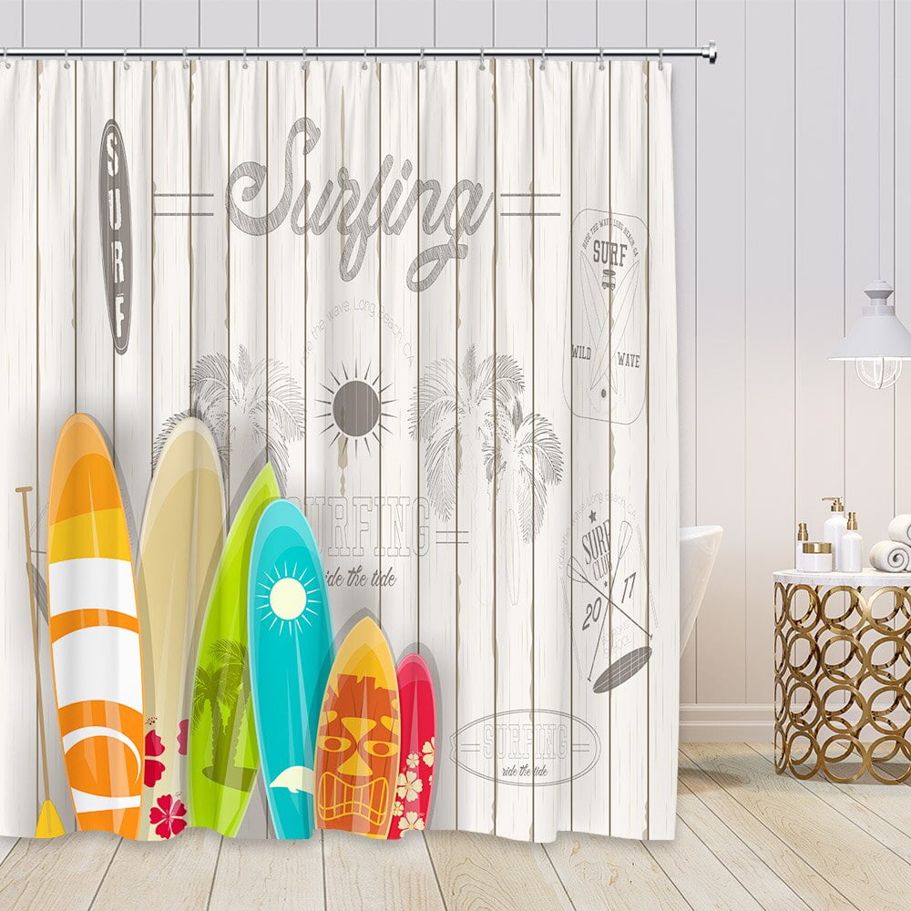 Colorful Surfboard Shower Curtains Summer Surfing Sea Wave Palm Tree