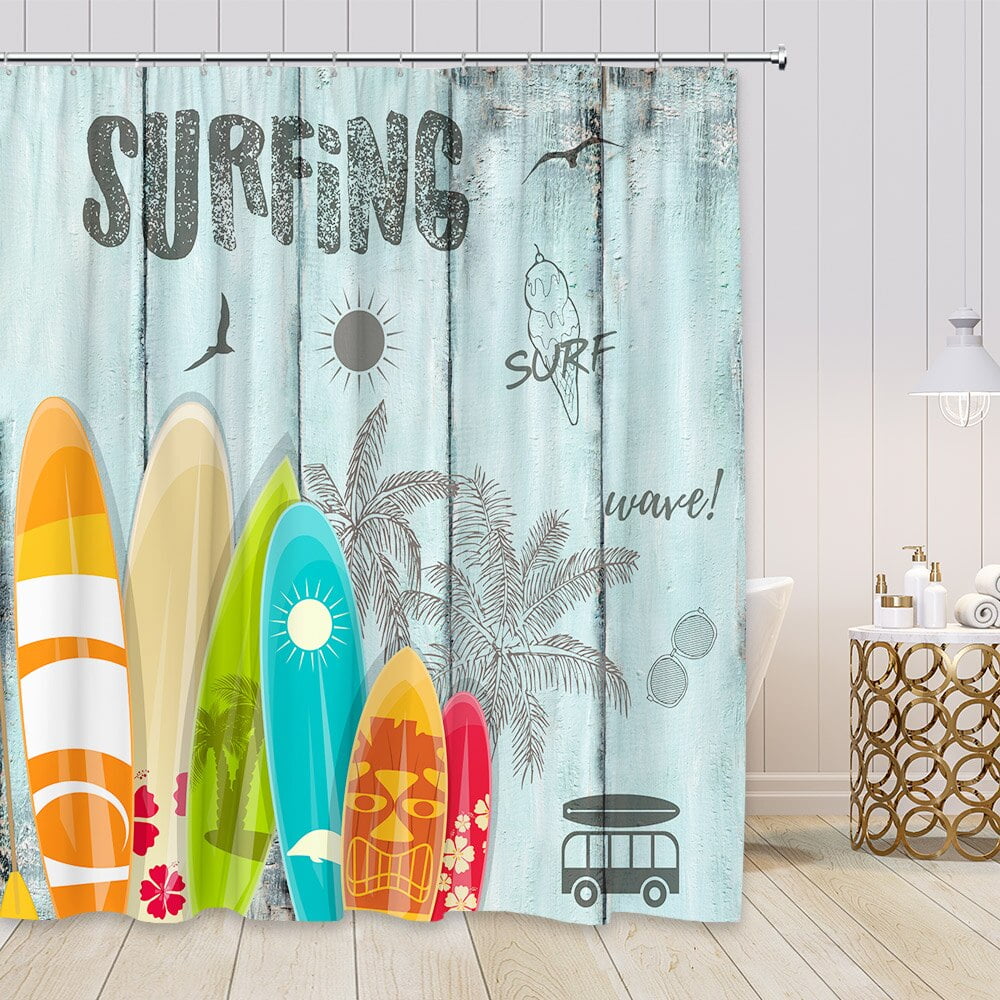 Colorful Surfboard Shower Curtains Summer Surfing Sea Wave Palm Tree