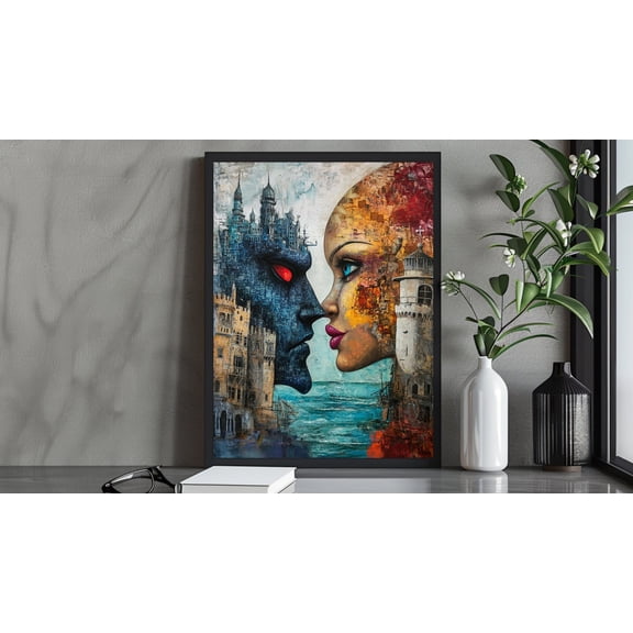 Colorful Surreal Duality Artwork, Fantasy Castle And Face Art, Abstract Ocean Landscape, Unique Wall Art For Home Decor Wall Art, Modern Wall Decor, 8x12 UNFRAMED