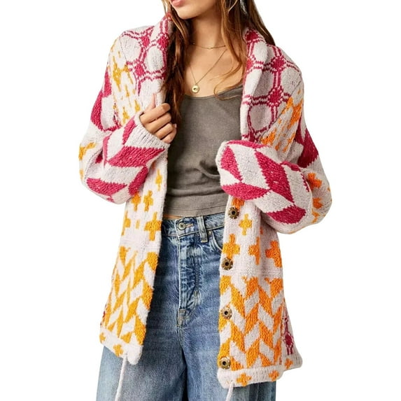 Colorful Sweaters for Women Button Down Collar Oversized Sweater Coats Y2k Fall Fashion Outfit Rose size