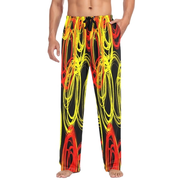 Colorful Swirls on Black Mens Cotton Pajama Pants Long Staple Lightweight Sleep Bottoms with Pockets Breathable