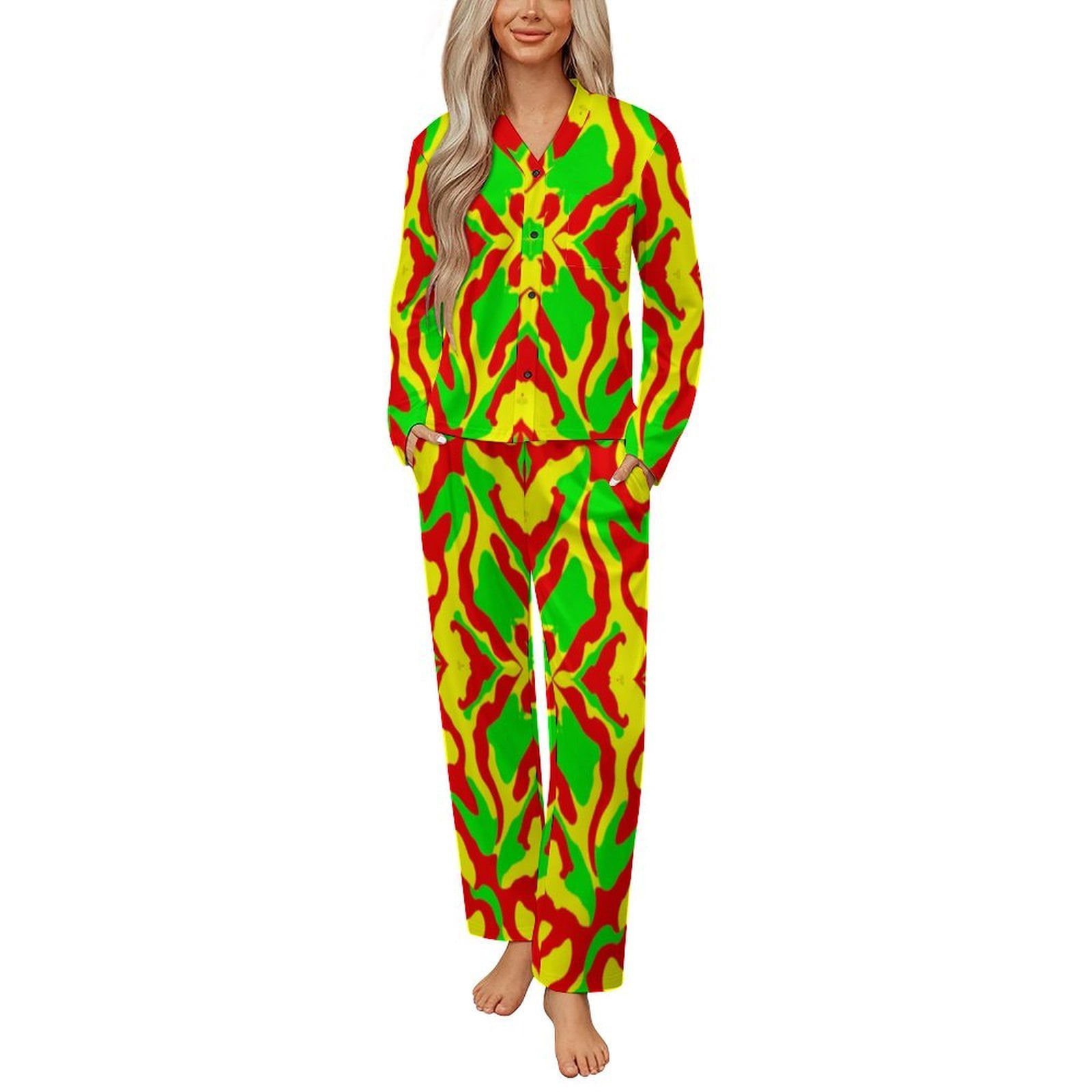 Pyjamas Colorful Colorful Symmetrical Abstract Pattern Womens Pyjamas Set Button Up ...