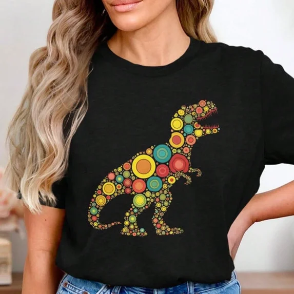 Colorful TRex Dinosaur Graphic TShirt Unisex Short Sleeve Cotton — free download