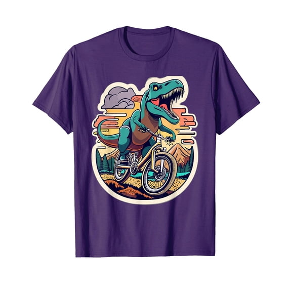 Colorful T-Rex Dinosaur Riding Bicycle T-Shirt for Fun Cycling Enthusiasts