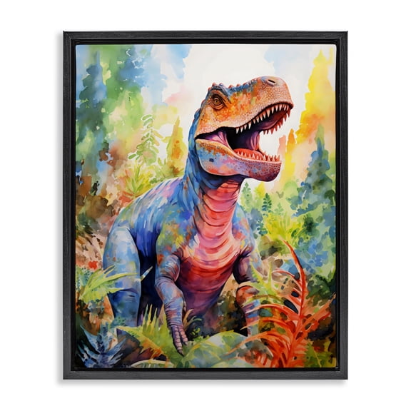 Stupell Industries Colorful T-Rex Dinosaur in Jungle Black Framed Floater Canvas Wall Art, design by Creative Studio, 21 x 17