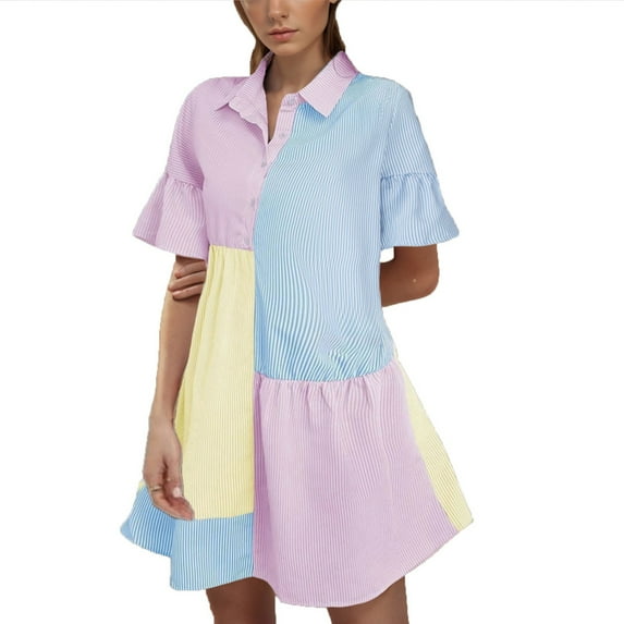 Colorful T Shirt Dress for Women Collared Button Down Shift Dress A Line Flare Striped Cute Teen Girls Preppy Outfit