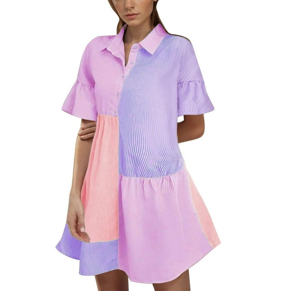 Colorful T Shirt Dress for Women Collared Button Down Shift Dress A Line Flare Striped Cute Teen Girls Preppy Outfit