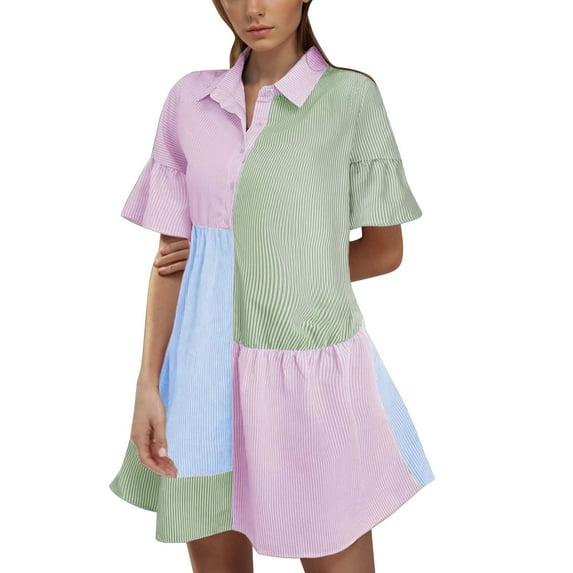 Colorful T Shirt Dress for Women Collared Button Down Shift Dress A Line Flare Striped Cute Teen Girls Preppy Outfit