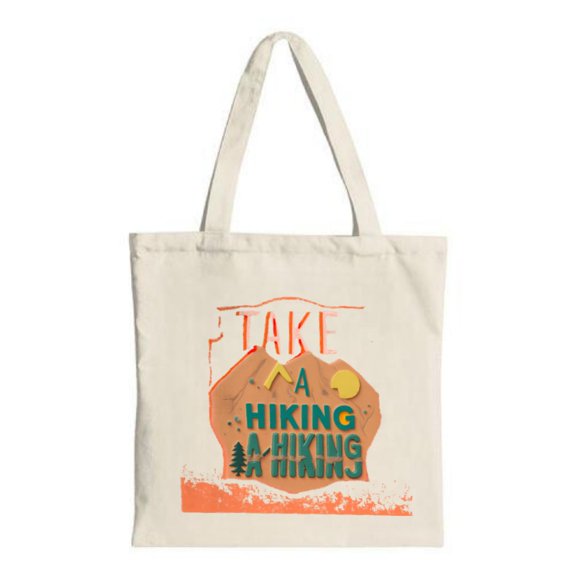 Colorful " TAKE A HIKING A HIKING " tote bag with mountain and sun design perfect for shopping travel and parties