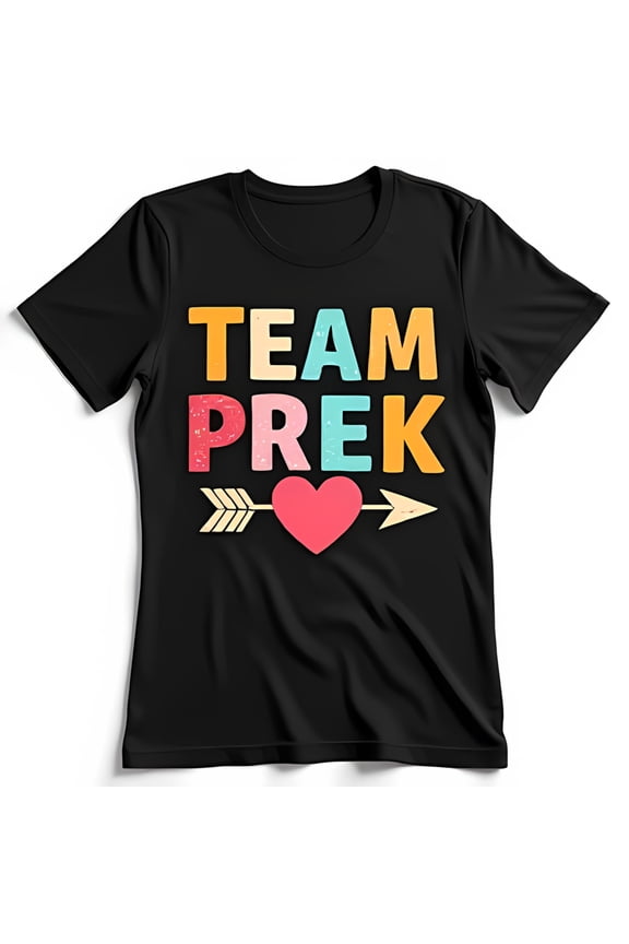 Colorful TEAM PREK Black T-Shirt with Heart and Arrow Design for Preschool Lovers