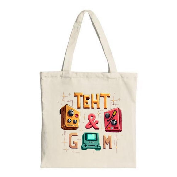 Colorful " TEHT & GÅM " tote bag featuring vintage game controllers and a retro computer monitor perfect for shopping and travel