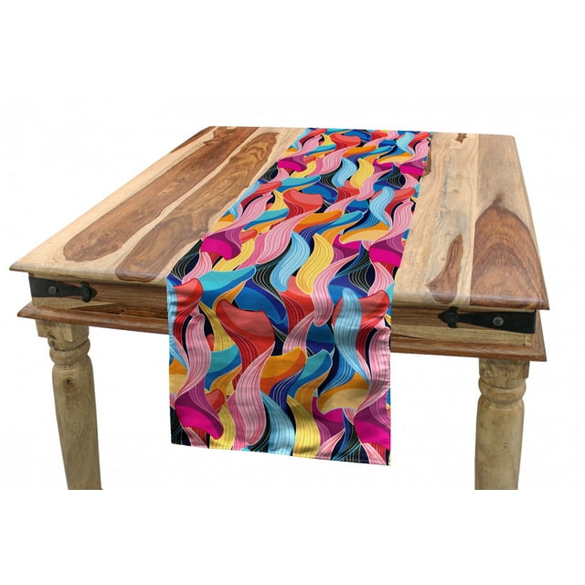 Colorful Table Runner, Abstract Graphic Pattern of Unusual Ornamental Waves Flow Continuity Creativity, Dining Room Kitchen Rectangular Runner, 3 Sizes, by Ambesonne