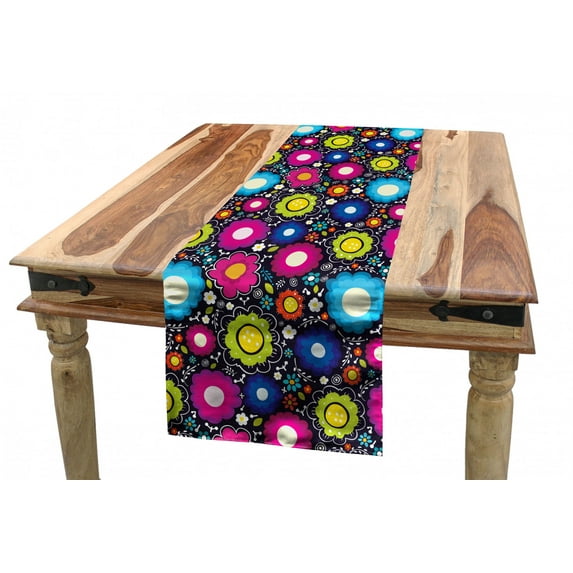 Colorful Table Runner, Doodle Style Lively Colored Daisy Blooms Cheerful Fun Garden Composition, Dining Room Kitchen Rectangular Runner, 3 Sizes, by Ambesonne