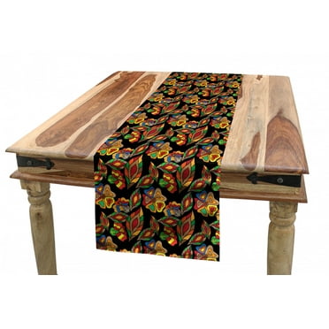 Colorful Table Runner, Exotic Autumn Garden Motifs Foliage in Lively Colors Nature Doodle Print, Dining Room Kitchen Rectangular Runner, 3 Sizes, by Ambesonne