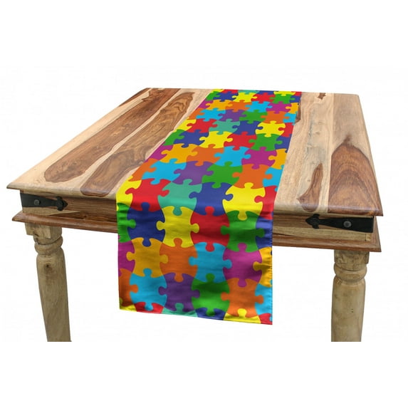 Colorful Table Runner, Nursery Theme Inspired Rainbow Colored Jigsaw Puzzle Parts Covered Illustration, Dining Room Kitchen Rectangular Runner, 3 Sizes, by Ambesonne