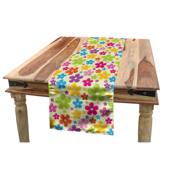 Colorful Table Runner, Sixties Inspired Colorful Flowers Hippie Motifs Flourishing Nature Illustration, Dining Room Kitchen Rectangular Runner, 3 Sizes, by Ambesonne