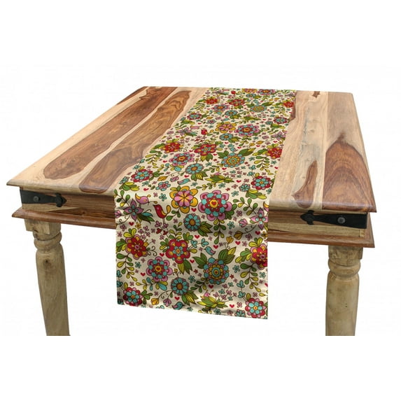 Colorful Table Runner, Vintage Flowers and Birds Spring Season Flora and Fauna Composition Cartoon Style, Dining Room Kitchen Rectangular Runner, 3 Sizes, by Ambesonne