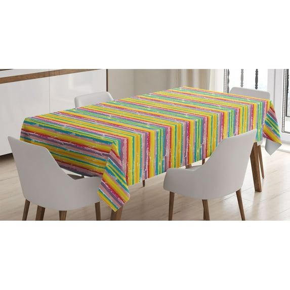 Colorful Tablecloth, Hand Drawn Brush Marks with Rainbow Theme Paint Smear Stripes Design Worn out Look, Rectangle Satin Table Cover for Dining Room and Kitchen, 60" X 84", Multicolor, by Ambesonne