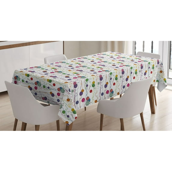 Colorful Tablecloth, Knitting Balls Crochet Hand Crafts Stitch Yarn Hobby Theme Illustration, Rectangle Satin Table Cover Accent for Dining Room and Kitchen, 60" X 90", Multicolor, by Ambesonne