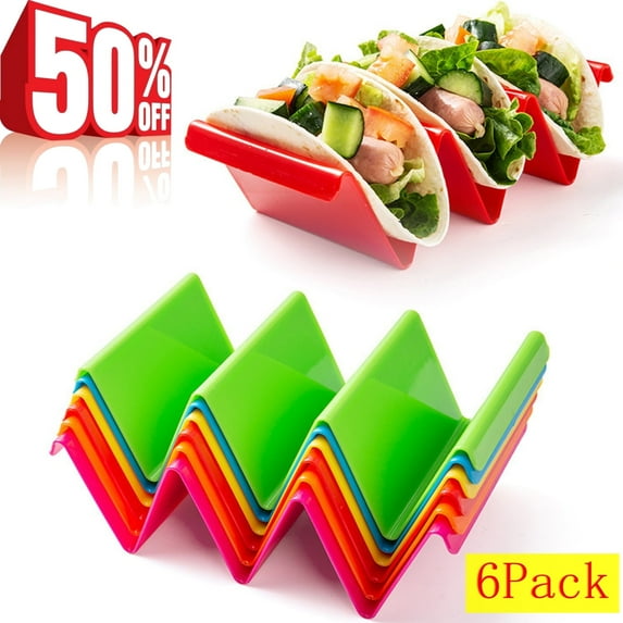 Colorful Taco Holder Stands Set of 6 - Plastic Taco Stand with Handle Taco Holders Rack Trays for 3 Tacos Oven Grill and Dishwasher Safe [6Pack]