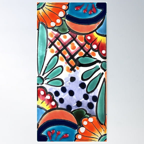 Colorful Talavera, Orange Accent, Mexican Tile Design Poster Wall Art, Modern Wall Decor For Living Room Bedroom, 16x24 UNFRAMED