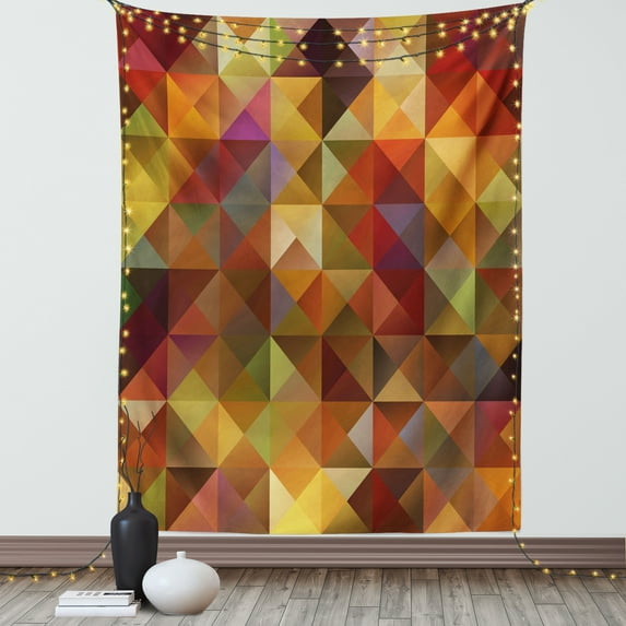 Colorful Tapestry, Abstract Art Grid Mosaic Geometric Creative Image Triangle Artwork Print, Wall Hanging for Bedroom Living Room Dorm Decor, 40W X 60L Inches, Brown and Marigold, by Ambesonne